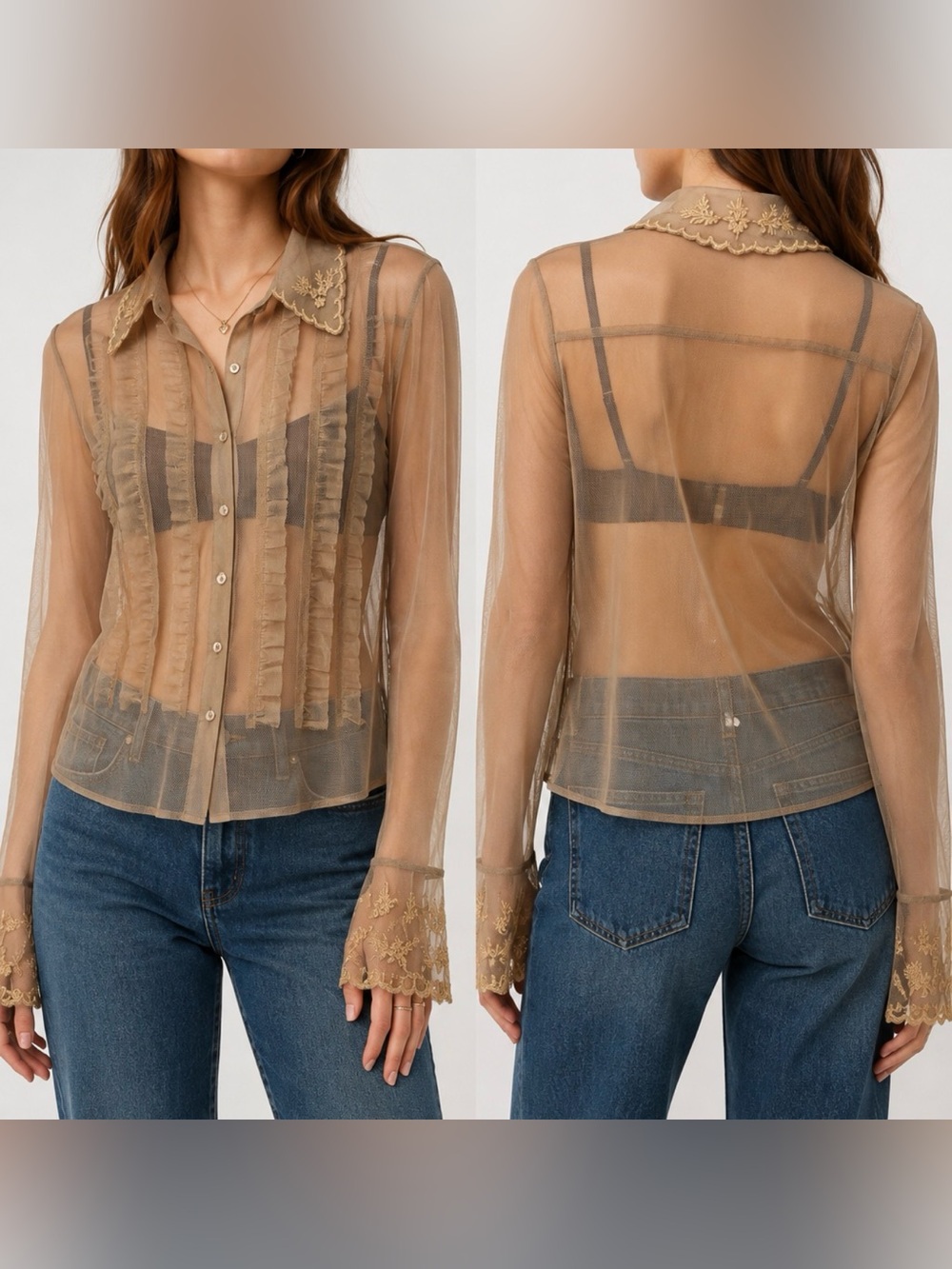 Newport News Vintage Sheer Mesh Blouse Size 8 Embroidered Lace Ruffle Y2K